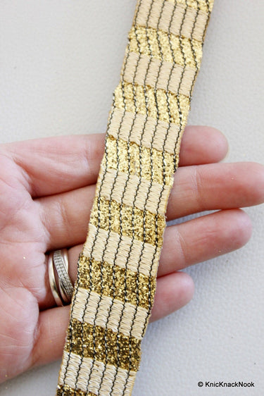 3 Yard Faux Leather Trim Lace With Light Brown Embroidery And Gold Glitter, Approx 28 mm Wide Decorative Craft Trim, Belt Trim Stripes Trim